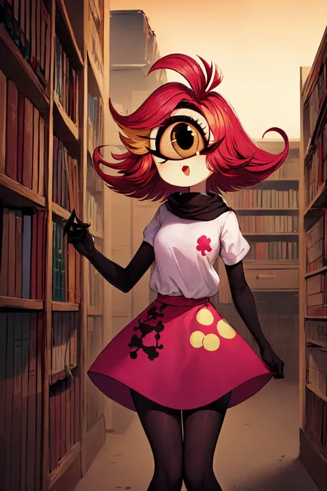 masterpiece, best quality, highres, solo, (Niffty), NiftyHazbinHotel, (cyclops, one-eyed:1.5), (OriginalOutfit), (white shirt, pink skirt, gloves, black tights), colored skin, yellow skin, makeup, pink sclera, thin, petite, pink-red hair, large eyelashes, <lora:NiftyHazbinHotel:0.8>,<lora:ColoredSkin-000019:0.7>, post-apocalyptic library, tattered books, crumbling shelves, remnants of knowledge, ((hell:1.3, hell fire)), <lora:add_detail:0.5>