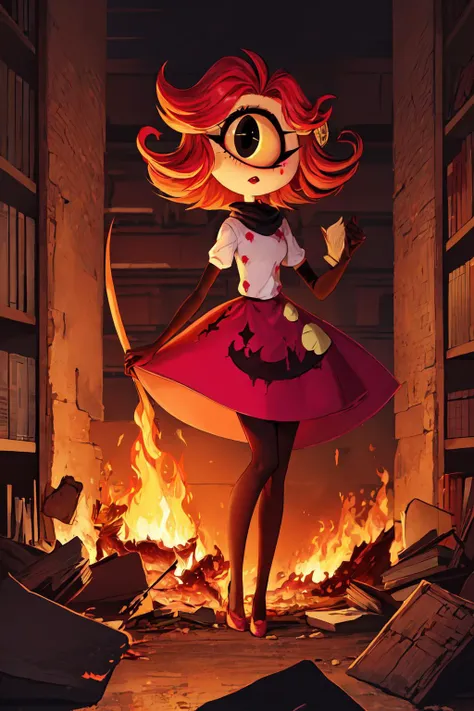 masterpiece, best quality, highres, solo, (Niffty), NiftyHazbinHotel, (cyclops, one-eyed:1.5), (OriginalOutfit), (white shirt, pink skirt, gloves, black tights), colored skin, yellow skin, makeup, pink sclera, thin, petite, pink-red hair, large eyelashes, <lora:NiftyHazbinHotel:0.8>,<lora:ColoredSkin-000019:0.7>, abandoned hotel, empty rooms, faded grandeur, haunting whispers, ((hell, fire, hell fire:1.4)), <lora:add_detail:0.5>