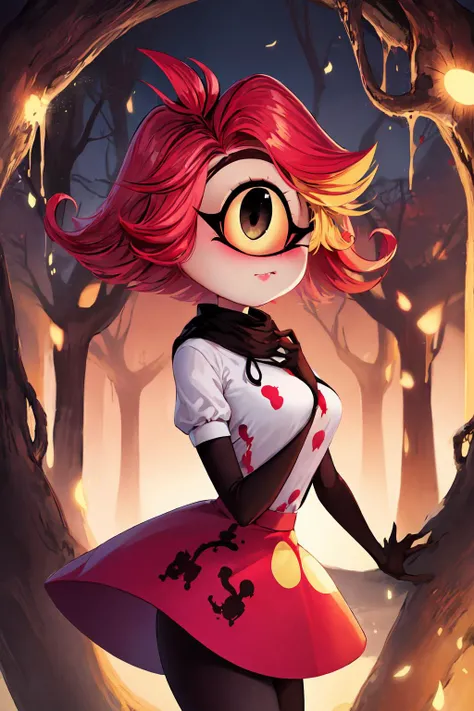 masterpiece, best quality, highres, solo, (Niffty), NiftyHazbinHotel, (cyclops, one-eyed:1.5), (OriginalOutfit), (white shirt, pink skirt, gloves, black tights), colored skin, yellow skin, makeup, pink sclera, thin, petite, pink-red hair, large eyelashes, <lora:NiftyHazbinHotel:0.8>,<lora:ColoredSkin-000019:0.7>, cursed forest, twisted trees, eerie sounds, paranormal phenomena, ((hell:1.3, hell fire)), <lora:add_detail:0.5>