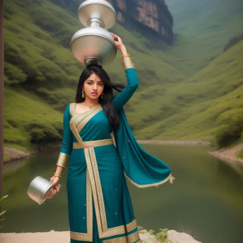bshree, high quality, photo of a 25-year-old woman, carrying two pots on her head, in a hilly area, detailed face, bshree <lora:bshree:1>