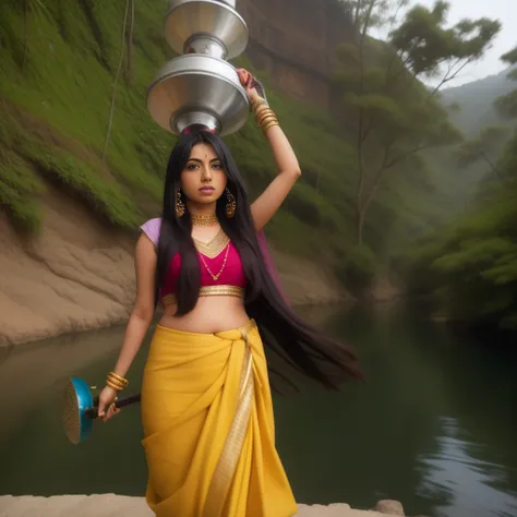 bshree, high quality, photo of a 25-year-old woman, carrying two pots on her head, in a hilly area, detailed face, bshree <lora:bshree:1>