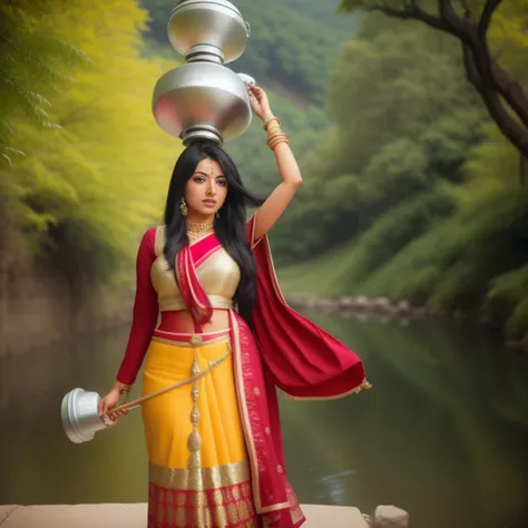 bshree, high quality, photo of a 25-year-old woman,  carrying two pots on her head, in a hilly area, detailed face,  bshree <lora:bshree:1>