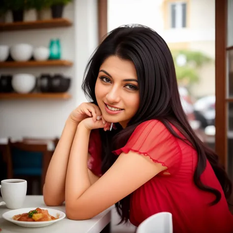 a photo of a 30-year-old woman, at a French cafe, smiling at the camera, bshree <lora:bshree:1>
