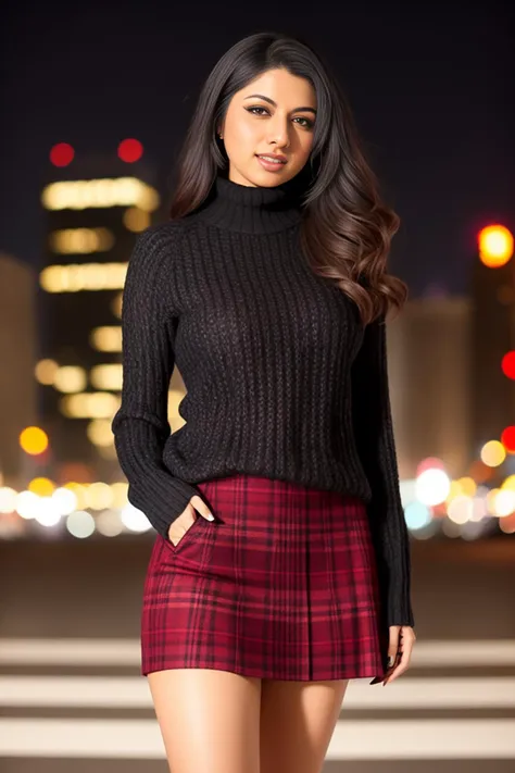 a photo of a 30-year-old woman, stylish, in a turtle-neck sweater, plaid skirt, full-body, city bokeh lights, bshree <lora:bshree:1>