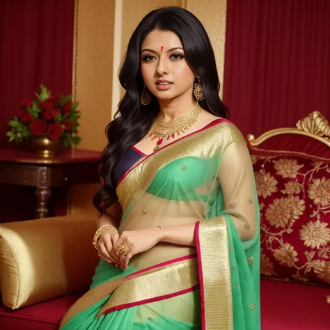 a photo of a 30-year-old woman, in a stunning saree, indian jewelry, bshree  <lora:bshree:1>