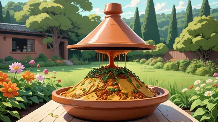 anime key visual, Modernism Art, flawless, long shot of a Brutalist Atari 2600 Style Thai (tagine:1.3) , it is anthropomorphic reimagined as a Bob's Burgers series character, it has intricate details, from inside of a Pretty Garden, fall flower field and woods, Winter, Wide view, Graphic novel, Disgusting, Reflected light, F/2.8, Offset print, overlapping compositions, delicate, beautiful, lots of details, (by Ary Scheffer:1.3) , (Brothers Grimm:1.0) , (Nobuo Sekine:0.9) , <lora:TagineXL:0.8> tagine