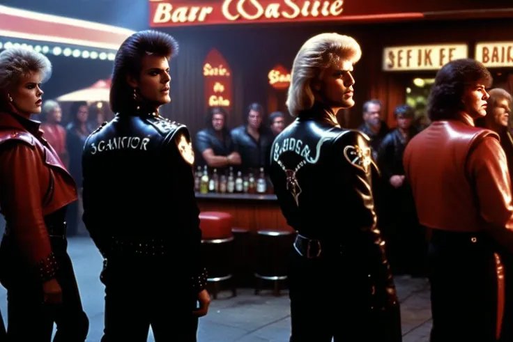 Satanic bikers gathered in front of a bar,<lora:1985:1>,1985 film still,scifi fantasy,