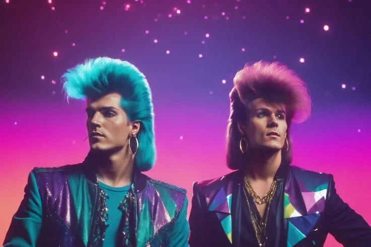 2 man above a rock band stage background with 1980s \(style\) vibes, Gleaming Twinkling Alexandrite color style, hair 1980s \(style\), background color stains of colored paint, saturated static mixed colors, smoke, abstract, <lora:1985:1.5>