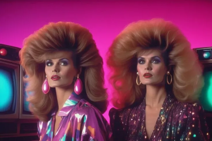 2 woman above a wall of crt televisions and lava lamps background with 1980s \(style\) vibes, Shining Scintillating Pearl color style, varpowave style, hairstyle 1980s \(style\), background color stains of colored paint, saturated static mixed colors, smoke, abstract, <lora:1985:1.5>