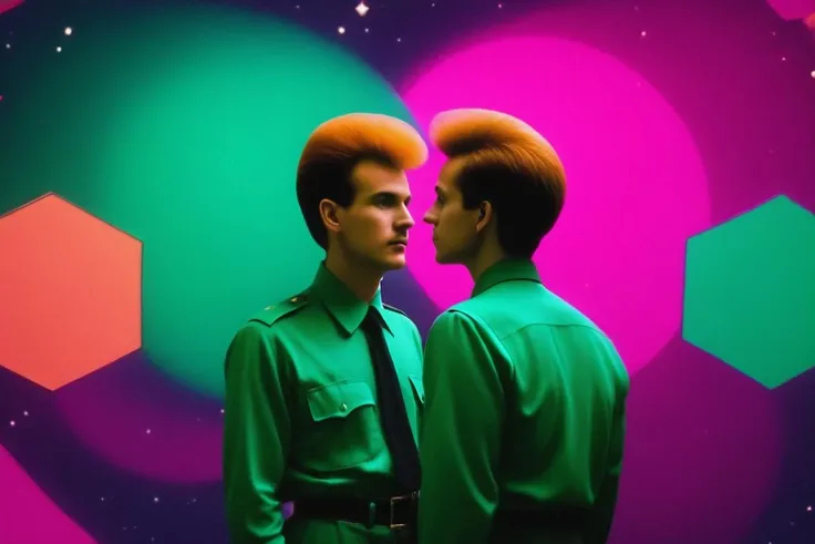 2 man in abstract background with fractal vibes with 1980s \(style\), Dazzling Flamboyant Emerald color style, moonrise kingdom, background color stains of colored paint, saturated static mixed colors, smoke, abstract, fractal, <lora:1985:1.5>