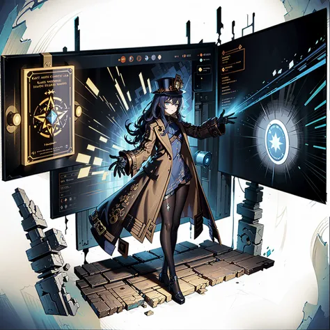[(white background:1.15), ::2]1girl, solo, mid shot, full body, <lora:GachaSplashAlter_2:0.8>
masterpiece, best quality, ultra-detailed, best illustration, Delicate Composition, cowboy shot,medieval age,
fussion of abstract and glitch art, (dynamic view:1.1), 1 girl, 
Steampunk Warlock: A warlock wearing a long coat, steampunk hat, holding an ancient spellbook with mechanical details, glitch hair, fussion of glitch and hair,
simple background, light background,
by leonid afremov, by Alphonse Mucha,