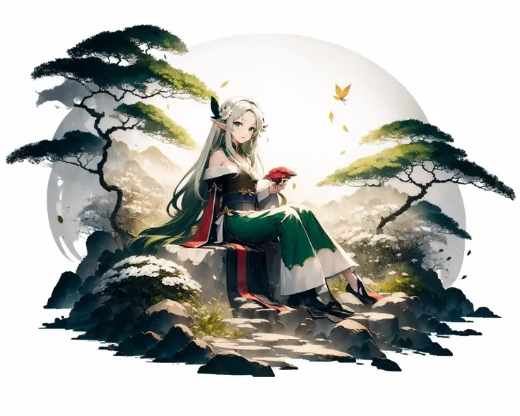 (white background:1.5), 1 girl, mid shot, full body,
<lora:GachaSplashAlter:1> <lora:Ink scenery:1>
(masterpiece,best quality,illustration,official art:1.05),(tachi-e:1.12),full body,sitting,looking at viewer,solo,1girl,elf girl,long hair,green hair,[green|blue] eyes,dress,white hair flower,hair ornament,(age8),(child),wind,leaf,tree,forest,