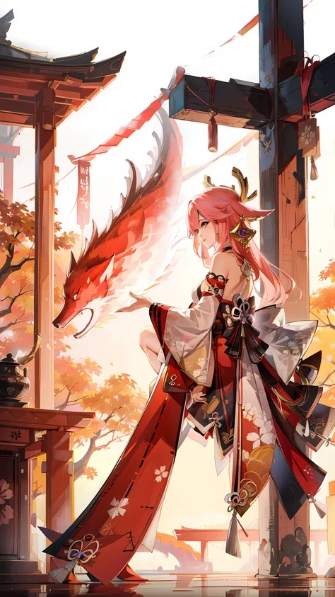 1girl, <lora:yaemiko:1>,pinke hair,long hair,fox ears, hair ornament, earrings, purple eyes,bare shoulders, detached sleeves,wide sleeves, jewelry, sideboob,japanese clothes, [(white background:1.15), ::2]solo, mid shot, full body, an old japanese red shrine, red wood,  <lora:gameV4-0.2-0.3-6-None-b6-bf16-D128-A128-1-ep300-768-DAdaptation-constant:0.8>