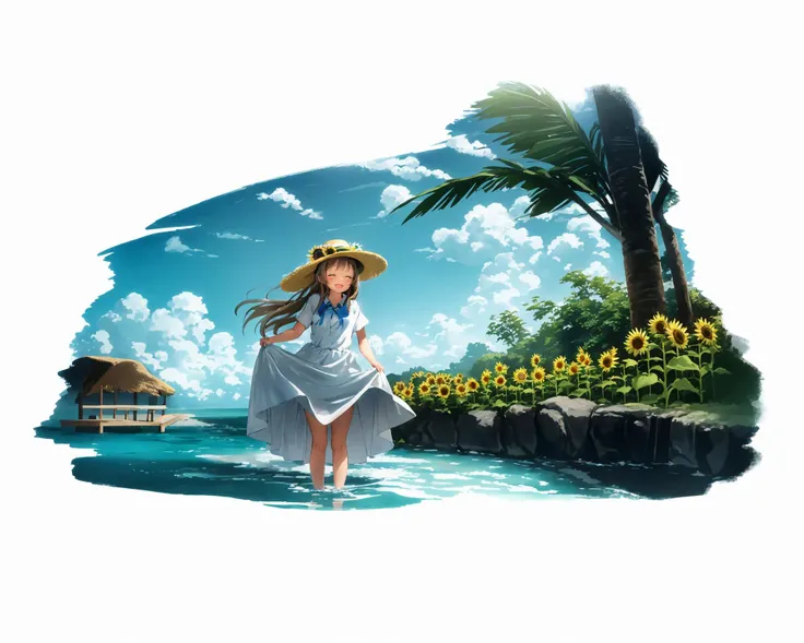 [(white background:1.5), ::2] 1girl, solo, (isometric:0.75),
1girl, hat, dress, solo, long hair, closed eyes, flower, brown hair, straw hat, smile, skirt hold, open mouth, hat flower, wading, water, blush, white dress, sunflower, short sleeves, blue ribbon, outdoors, bangs, ribbon, ocean, barefoot