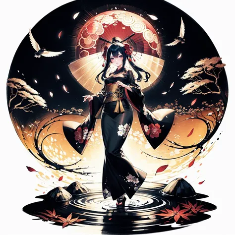 [(white background:1.15), ::2]1girl, solo, mid shot, full body, <lora:GachaSplashAlter_2:0.8> 
finely detailed best quality illustration cool tsurime kawaii girl intense shadow wide shot long hime cut hair detailed eyes long eyelashes see through Oiran kanzashi veil big red moon ink splashing detailed Japanese garden Autumn leaves petals birds winds strong front lit medium breasts doyagao  depth of field