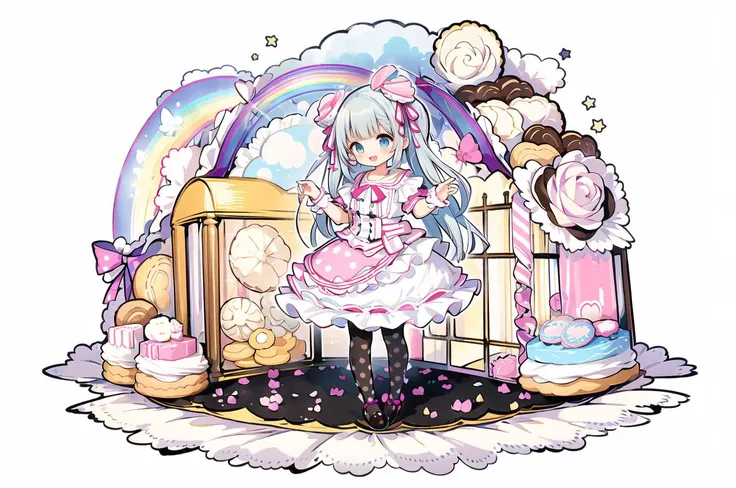 (Ribbons, frills, laces, asymmetrical tights, layered ribbons,:1.5),
pink rose, white rose, pink,
(polka dot pattern dress:1.5),
(candy, colorful, rainbow, flowers, cookies, biscuits,:1.5)
(dollhouse:1.5),smile, open mouth,
cowboy shot, shining faintly, (dynamicpose:1.3),
(cute illustration:1.2),(fuwafuwa illustration:1.2), 
[(white background:1.15), ::2]solo, mid shot, full body, <lora:gameV4-0.2-0.3-6-None-b6-bf16-D128-A128-1-ep300-768-DAdaptation-constant:0.8>