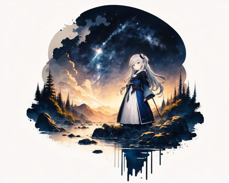 (white background:1.5), 1 girl, mid shot, full body,
<lora:GachaSplashAlter:1> <lora:Ink scenery:1>
{masterpiece,best quality,illustration,1 girl,adult female,blue eyes,(starry sky long hair silver),starry sky dress,lying flat on the water,starry sky