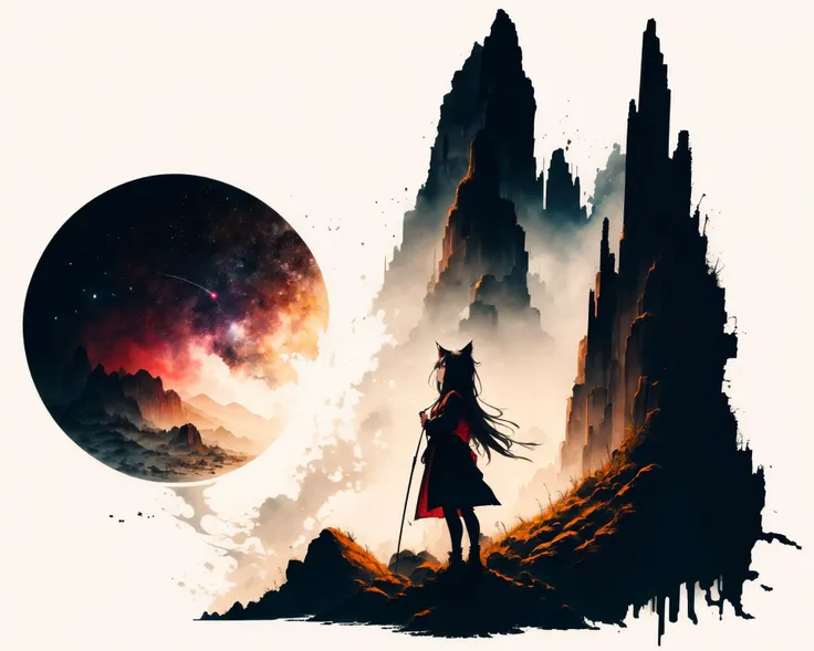 (white background:1.5), 1 girl, mid shot, full body,
<lora:GachaSplashAlter:1> <lora:Ink scenery:1>
In a desolate world where the starry sky shines, a lone girl stands waiting. Her silhouette, illuminated by the radiance of the stars, hints at the strength and determination that lies within her.
, absurdres, scenery, 1girl, solo, black hair, long hair, straight hair, blunt bangs, cat ears, red eyes
