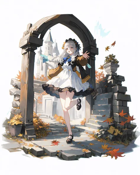 [(white background:1.5), ::2]1girl, solo, (isometric:0.75), 
masterpiece, detailed face, ultra detailed, best quality, (illustration:1.2), 8k cg wallpaper, stunning art, beautiful hair, a cute girl, (10yo:1.1), small body, (silver long hair:1.2), white gothic girly onepiece dress, bowtie, stand on one leg, serious, :o, open arms, full body, in the garden, autumn leaves