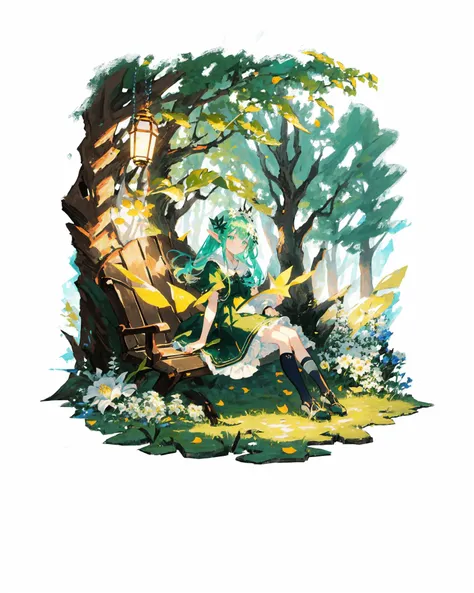 [(white background:1.5), ::2]1girl, solo, (isometric:0.75), 
(masterpiece,best quality,illustration,official art:1.05),(tachi-e:1.12),full body,sitting,looking at viewer,solo,1girl,elf girl,long hair,green hair,[green|blue] eyes,dress,white hair flower,hair ornament,(age8),(child),wind,leaf,tree,forest,