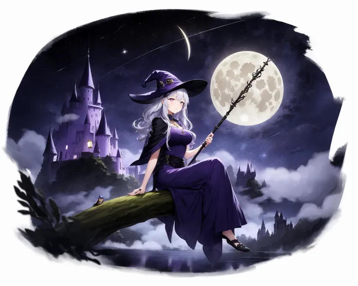 (white background:1.5), 1girl, mid shot, full body,
<lora:GachaSplashAlter:1>
solo, watercolor, purple theme, witch, sitting, gentle breeze, detailed sky, detailed eye, side blunt bangs, hairs between eyes, close to viewer, flying splashes, flying petals, wind, adult, purple hair, long wavy hairstyle, silver hair accessory, purple eyes, almond-shaped eyes, serene expression, average breast size, purple witch hat, black wide-brimmed hat, purple cloak, flowing fabric, stars pattern, crescent moon pendant, purple dress, floral print, ankle-length, silver jewelry, magical staff, moon-shaped gemstone, night sky background, twinkling stars, full moon, misty clouds, silhouettes of trees, owl perched on a branch, book of spells, glowing purple runes, crystal ball, purple smoke, sparkles, enchanted forest, moonlit path, glowing mushrooms, potion bottles, bubbling cauldron, broomstick, flying silhouette of a bat, castle silhouette, moonlit lake, reflection of the moon, shooting stars, mystical aura.