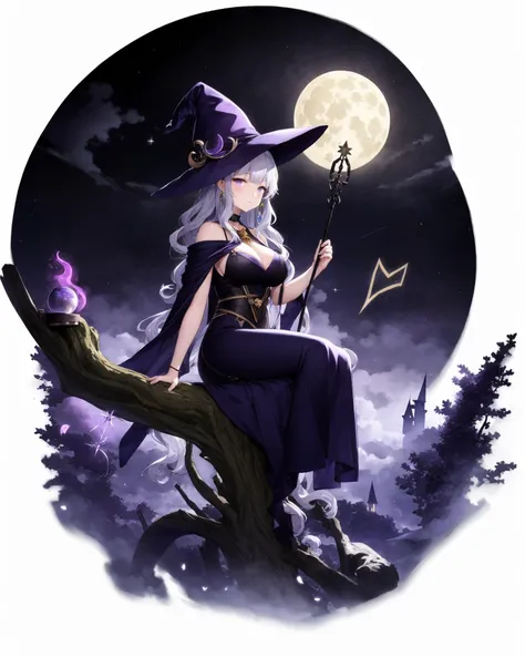 (white background:1.5), 1girl, mid shot, full body,
<lora:GachaSplashAlter:1>
solo, watercolor, purple theme, witch, sitting, gentle breeze, detailed sky, detailed eye, side blunt bangs, hairs between eyes, close to viewer, flying splashes, flying petals, wind, young adult, purple hair, long wavy hairstyle, silver hair accessory, purple eyes, almond-shaped eyes, serene expression, average breast size, purple witch hat, black wide-brimmed hat, purple cloak, flowing fabric, stars pattern, crescent moon pendant, purple dress, floral print, ankle-length, silver jewelry, magical staff, moon-shaped gemstone, night sky background, twinkling stars, full moon, misty clouds, silhouettes of trees, owl perched on a branch, book of spells, glowing purple runes, crystal ball, purple smoke, sparkles, enchanted forest, moonlit path, glowing mushrooms, potion bottles, bubbling cauldron, broomstick, flying silhouette of a bat, castle silhouette, moonlit lake, reflection of the moon, shooting stars, mystical aura.