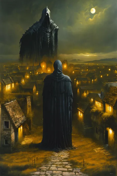 masterpiece,best quality,<lora:tbh163-:0.8>,illustration,style of Mike Worrall, Nazgul over sleeping town