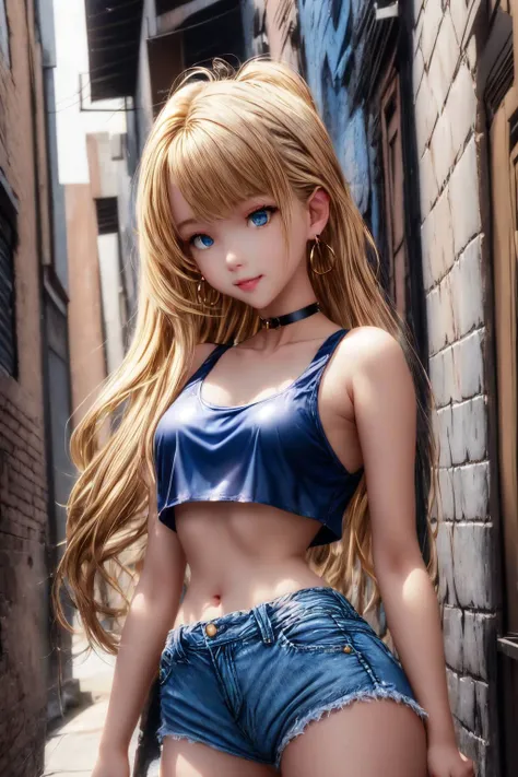 hyperrealistic 14 year old teen, blonde, short hight, perfect tiny body, sexy, dark makeup, perfect slim face, big red lips, very cute face, tiny body, big eyes, young looking, childish looking, denim overall, no shirt, tits