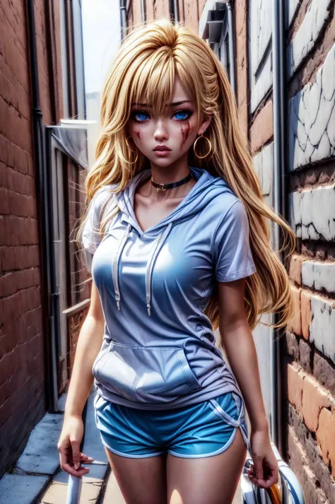 (detailed eyes:1.3), Beautiful Lighting, (real skin), <lora:Tool - Detail up:1>, <lora:y:1>, <lora:test:0.6> , charslime77,
(outdoors, alley:1.3), hoodie, (dolphin shorts:1.2), black choker, short sleeves,
<lora:light cuts v1:1>, lightcuts, cuts, injury, blood, bleeding, torn clothes, angry,