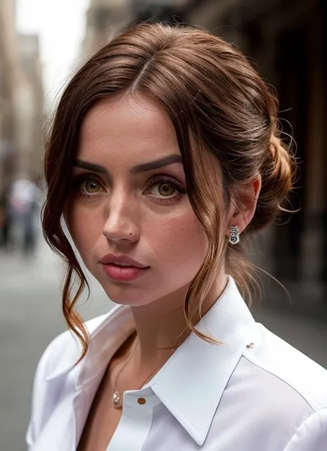 portrait of ana de armas, frightened , wearing formal wear , with auburn Updo , background fantasy city epic (photo, studio lighting, hard light, sony a7, 50 mm, matte skin, pores, colors, hyperdetailed, hyperrealistic), <lyco:Ana de Armas:1.2>