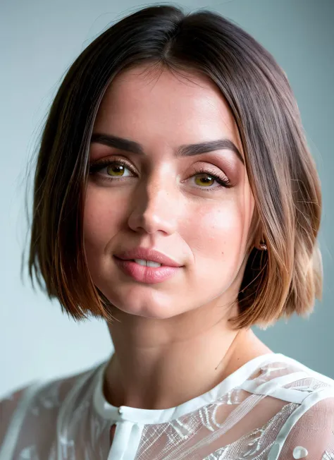 portrait of Ana de Armas, :d , wearing organza , with white Lob (long bob) , background slums epic (photo, studio lighting, hard light, sony a7, 50 mm, matte skin, pores, colors, hyperdetailed, hyperrealistic) <lyco:Ana de Armas:1.3>