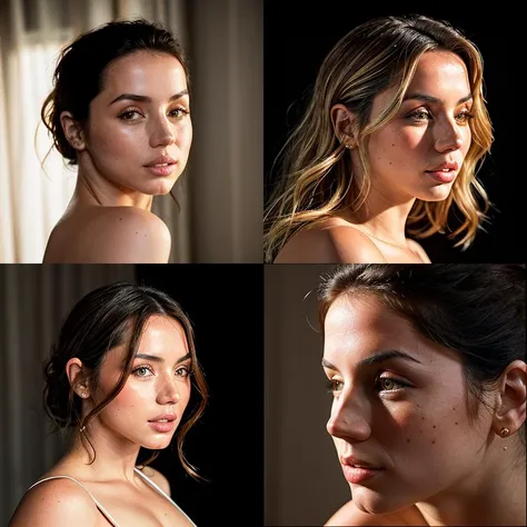 photo portrait of (brunette|blonde Ana de Armas) <lyco:Ana de Armas:1.4> looking at the camera, various angles, creative angles, (facing the camera), sideview, profile,, natural light, perfect lighting, 8K, HASSELBLAD X2D,(shadow fill),(rim light); (dehaze:1.2), saturated, rich colors,Pro photo, PRO lighting, sharp focus , crispy details, perfect natural lights, (film grain:1.1),
<r: (skin details:1.1),(ultra detailed skin texture:1.1),(pores:0.7)>,(subsurface scattering:0.7),(glowing skin:0.8), (blush:0.8),<r: (moles:0.7);>
(detailed iris:0.7),(perfect round pupil:0.7),(eyeliner:0.8);
(perfect teeth:0.9)