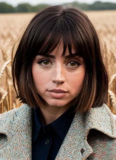 portrait of ana de armas, suspicious , wearing cashmere , with chocolate Wispy bangs , background field of wheat epic (photo, studio lighting, hard light, sony a7, 50 mm, matte skin, pores, colors, hyperdetailed, hyperrealistic), <lyco:Ana de Armas:1.2>