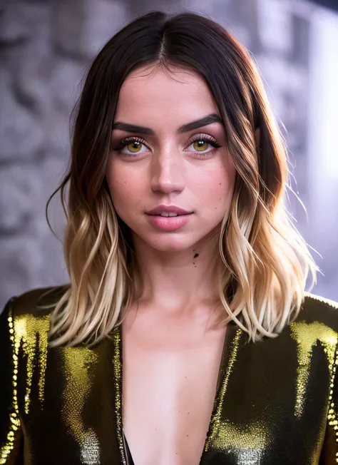 portrait of ana de armas, :p , wearing velvet , with ash blonde Wispy bangs , background dungeon epic (photo, studio lighting, hard light, sony a7, 50 mm, matte skin, pores, colors, hyperdetailed, hyperrealistic), <lyco:Ana de Armas:1.2>