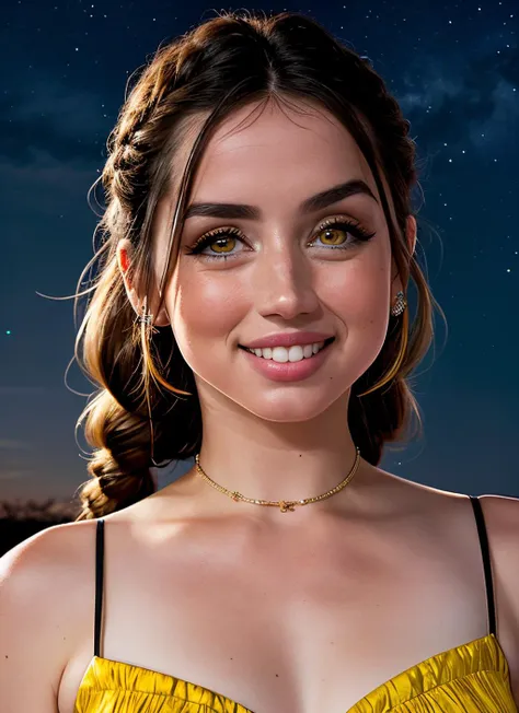 portrait of ana de armas, excited , wearing evening gown , with yellow Fishtail braid , background night sky epic (photo, studio lighting, hard light, sony a7, 50 mm, matte skin, pores, colors, hyperdetailed, hyperrealistic), <lyco:Ana de Armas:1.2>