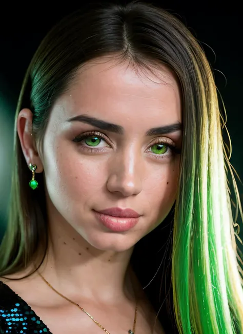 portrait of ana de armas, hot , wearing sequined , with green Straight hair , background space station epic (photo, studio lighting, hard light, sony a7, 50 mm, matte skin, pores, colors, hyperdetailed, hyperrealistic), <lyco:Ana de Armas:1.2>