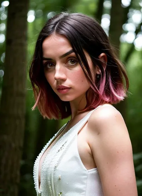 portrait of ana de armas, afraid , wearing cocktail dress , with pink Feathered haircut , background forest epic (photo, studio lighting, hard light, sony a7, 50 mm, matte skin, pores, colors, hyperdetailed, hyperrealistic), <lyco:Ana de Armas:1.2>