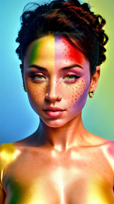 beautiful (cute), (young: 1.7) woman, (freckles: 0.3), brilliant glitter makeup, (red and blue and yellow and green and rainbow and vitiligo skin: 1.7), perfect small breasts, hyperdetailed photography, soft light, head and breast portrait, cover, POV, best quality, (detailed beautiful face, detail skin texture, ultra-detailed body:1.1), hyperrealistic, (rutkowski) <lyco:Ana de Armas:1> <lora:AnalGapeCreampie-v4:1>