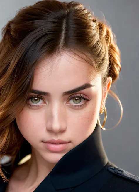 portrait of Ana de Armas, stubborn , wearing tailored , with black Half-up, half-down hairstyle , background gradient epic (photo, studio lighting, hard light, sony a7, 50 mm, matte skin, pores, colors, hyperdetailed, hyperrealistic), <lyco:Ana de Armas:1.1>