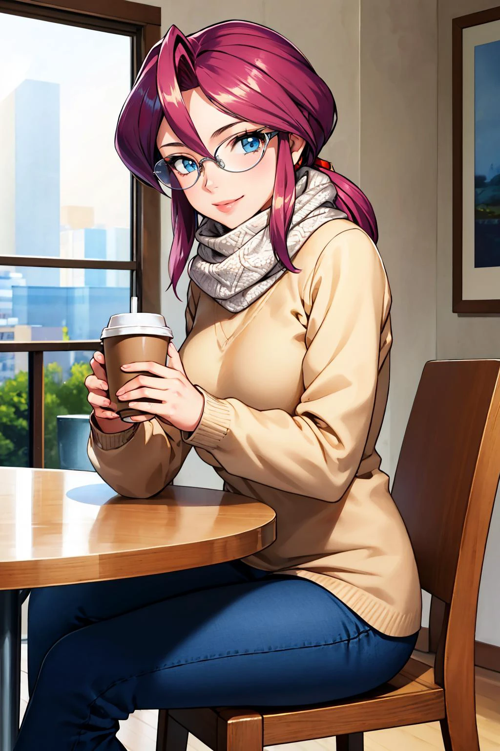 masterpiece, best quality, <lora:lorelei-nvwls-v1-000009:0.9> animeLorelei, purple hair, blue eyes, hair between eyes, glasses, cable-knit sweater, scarf, beige pants, sitting, cup of coffee, holding, looking at viewer, smile, winter, chair, table