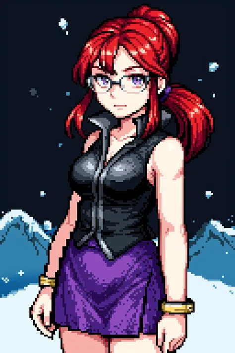 thick outlines, comics, photorealistic, perfect hands, masterpiece:1.2, 1girl, (solo), standing, presence, seal, <lora:lorelei-nvwls-v1:0.8>, frlgLorelei, red hair, ponytail, swept bangs, glasses, collarbone, black shirt, sleeveless, bracelet, purple skirt, frozen landscape, snow, ice, detailed background, detailed face, detailed eyes, <lora:add_detail:0.8>
