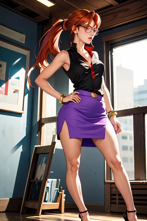 (masterpiece, best quality), 1girl,  <lora:lorelei-nvwls-v1:1> frlgLorelei, red hair, swept bangs, glasses, collarbone, black shirt, sleeveless, bracelet, miniskirt, purple skirt, high heels, collarbone