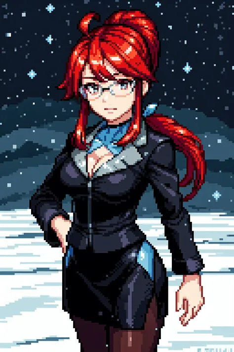 thick outlines, comics, photorealistic, perfect hands, masterpiece:1.2, 1girl, (solo), standing, presence, seal, <lora:lorelei-nvwls-v1:0.8>, lgpeLorelei, red hair, ponytail, ahoge, glasses, formal, black suit, cleavage cutout, black skirt, pantyhose, frozen landscape, snow, ice, detailed background, detailed face, detailed eyes, <lora:add_detail:0.8>