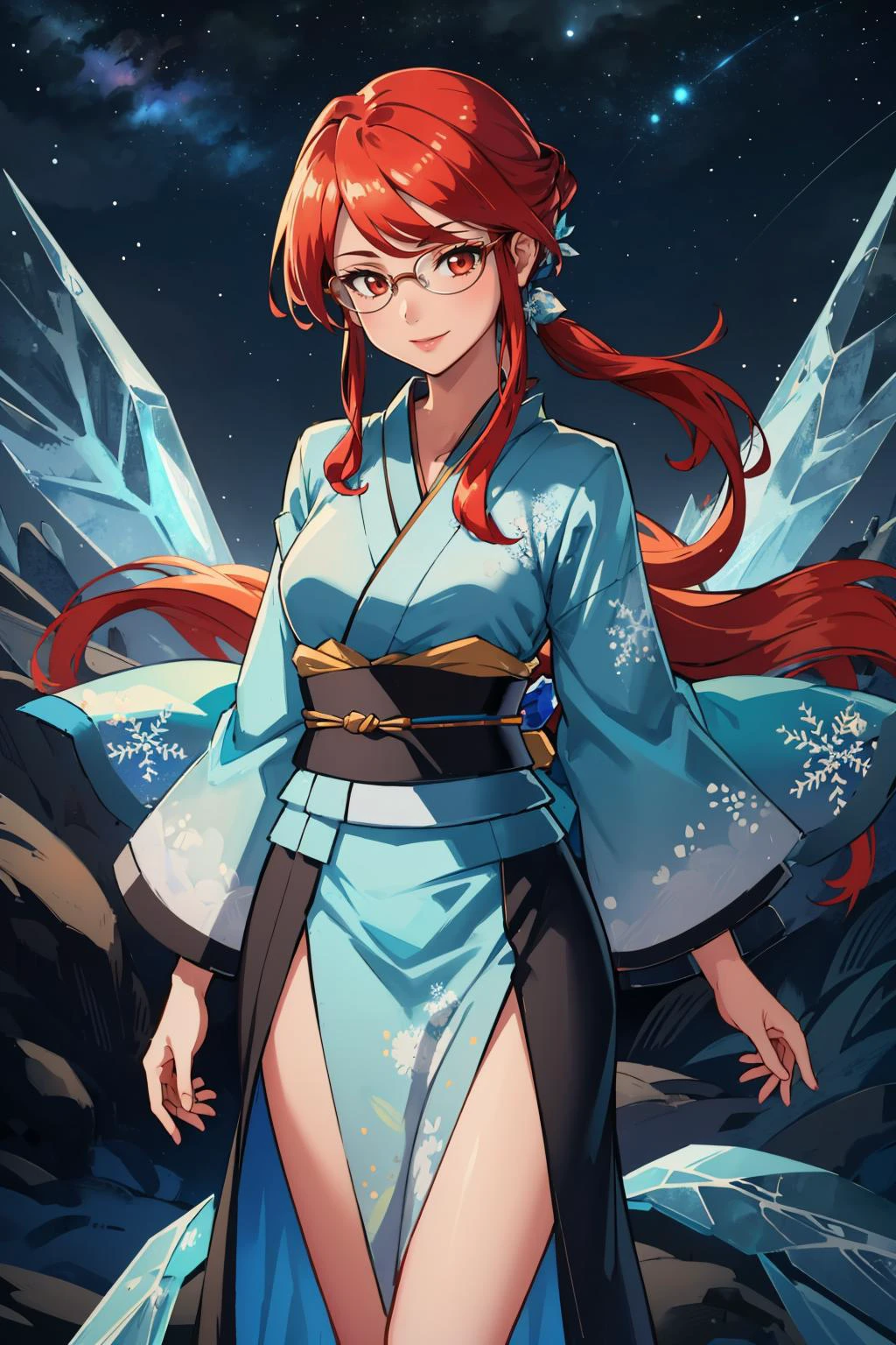 masterpiece, best quality, <lora:edgEasternFantasy:1> edgEF, wearing edgEF eastern clothing, opalescent kimono, sash, frills <lora:lorelei-nvwls-v1:0.8> frlgLorelei, red hair, swept bangs, glasses, night sky, ice, frozen, smile, standing, cyan theme, snowflake print