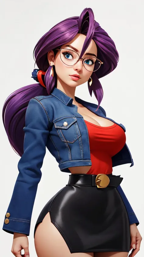 <lora:lorelei-nvwls-v1:1> animeLorelei, purple hair, blue eyes, hair between eyes, glasses, blue jacket, red shirt, cleavage, belt, pencil skirt high detailed, masterpiece, as cartoon character, perfect hands, round breasts, wide hips, thick thighs, ultra realistic digital art, clean scene, white background, <lora:p3r3zstyle_v3:0.6>