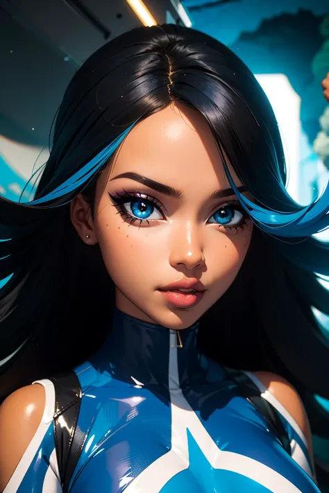 solo, masterpiece, hires,high resolution, best quality, (close-up, portrait, headshot) of izumip, streaked hair, blue hair, black hair, blue eyes, hair over one eye, eyeshadow, dark-skinned female, <lora:izumi-shelly-v1-wasabiya:1>, bratz, <lora:bratz3-01:0.5>, large breasts, beautiful, blue bodysuit, looking at viewer, photoshoot, in a marine cave base, villian lair background