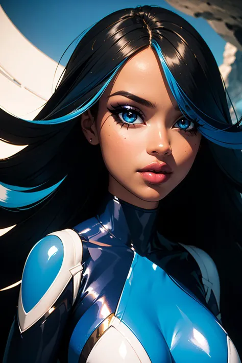 solo, masterpiece, hires,high resolution, best quality, (close-up, portrait, headshot) of izumip, streaked hair, blue hair, black hair, blue eyes, hair over one eye, eyeshadow, dark-skinned female, <lora:izumi-shelly-v1-wasabiya:1>, bratz, <lora:bratz3-01:0.5>, large breasts, beautiful, blue bodysuit, looking at viewer, photoshoot, in a marine cave base, villian lair background