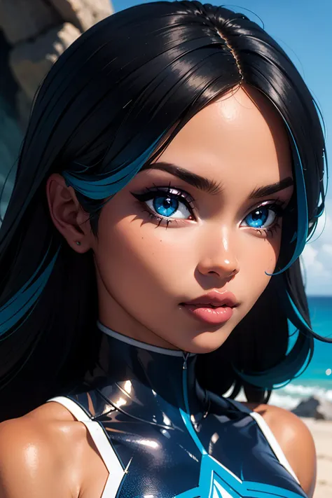 solo, masterpiece, hires,high resolution, best quality, (close-up, portrait, headshot) of izumip, streaked hair, blue hair, black hair, blue eyes, hair over one eye, eyeshadow, dark-skinned female, <lora:izumi-shelly-v1-wasabiya:1>, bratz, <lora:bratz3-01:0.5>, large breasts, beautiful, blue bodysuit, looking at viewer, photoshoot, in a marine cave base, villian lair background