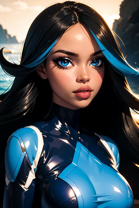 solo, masterpiece, hires,high resolution, best quality, (close-up, portrait, headshot) of izumip, streaked hair, blue hair, black hair, blue eyes, hair over one eye, eyeshadow, dark-skinned female, <lora:izumi-shelly-v1-wasabiya:1>, bratz, <lora:bratz3-01:0.5>, large breasts, beautiful, blue bodysuit, looking at viewer, photoshoot, in a marine cave base, villian lair background