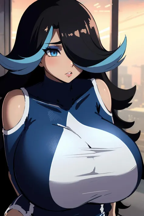 masterpiece,high quality,highres,1girl,solo,<lora:izumi-shelly-v1-wasabiya:1>, izumip,streaked hair,blue hair,black hair,blue eyes,hair over one eye,eyeshadow,dark-skinned female, huge breasts,